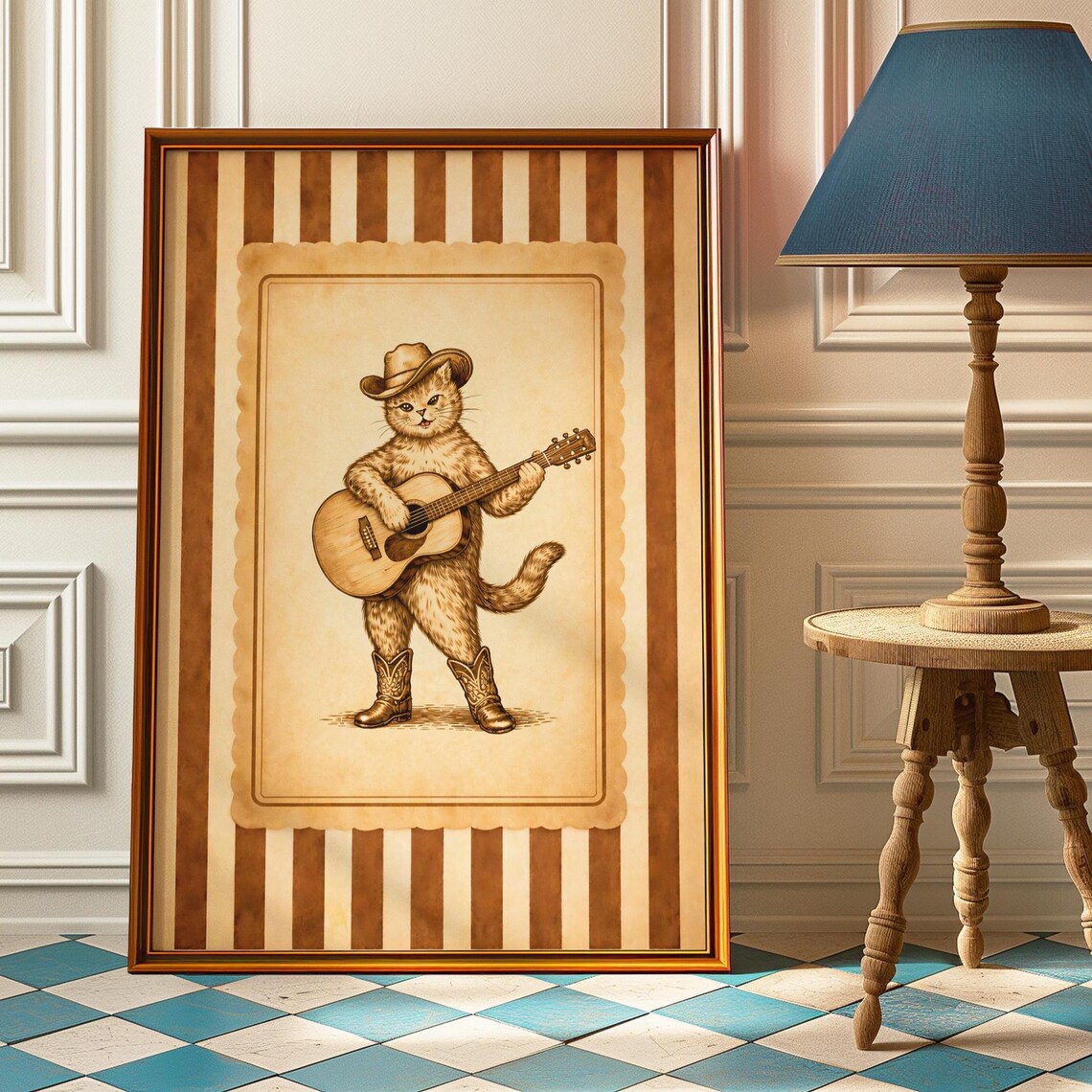 Vintage Cowboy Cat Playing Guitar Western Country Music Poster