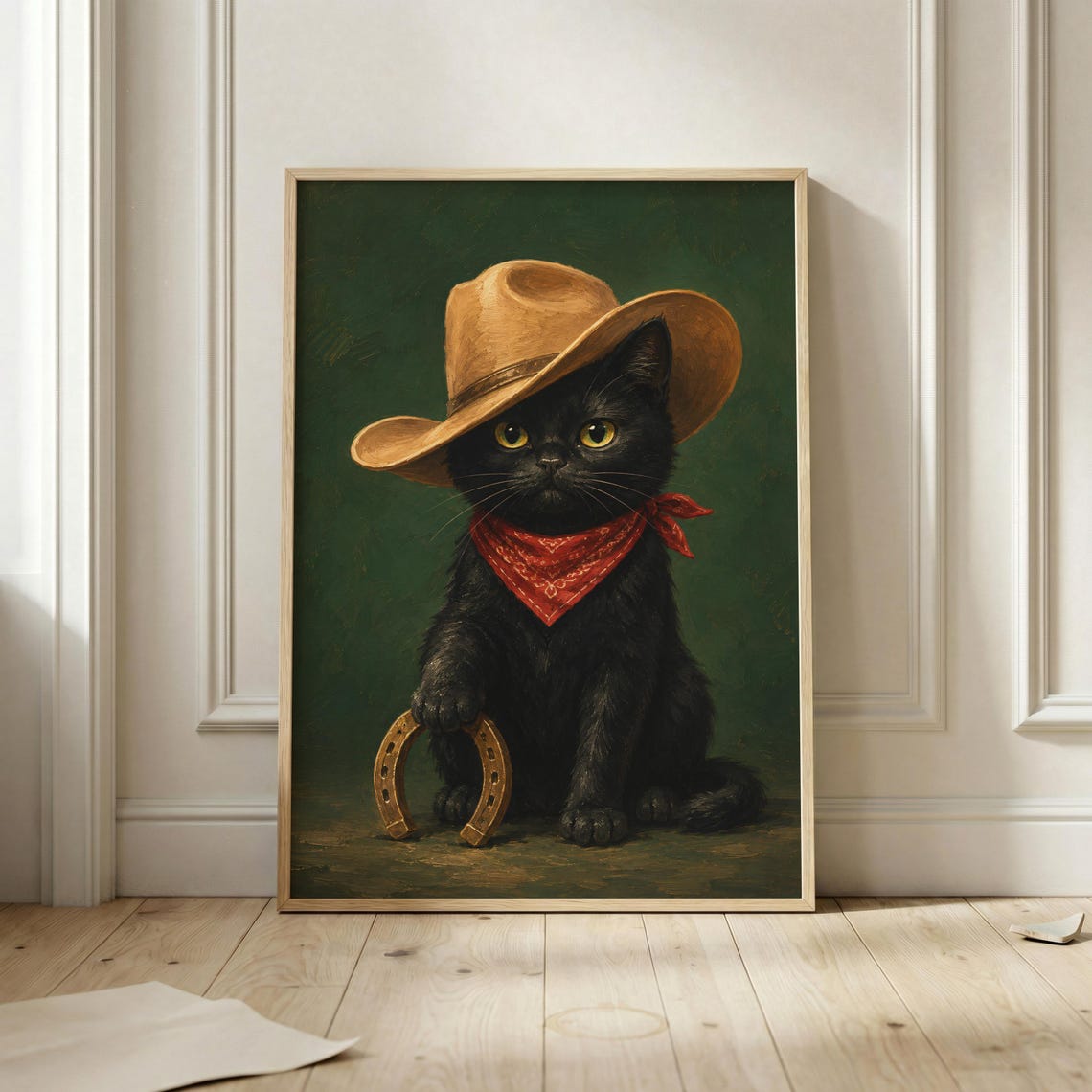 Black Cat Cowboy Hat Bandana Horseshoe Oil Painting Style Poster