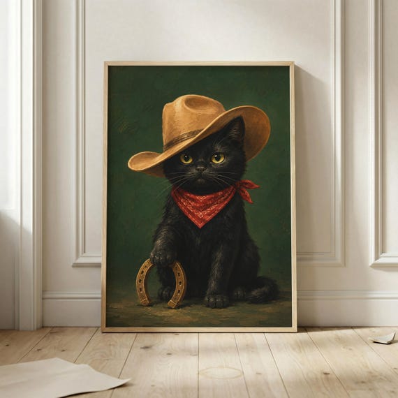 Cowboy Kitten Horseshoe Poster Moody Green Wall Art Black Cat Western Print