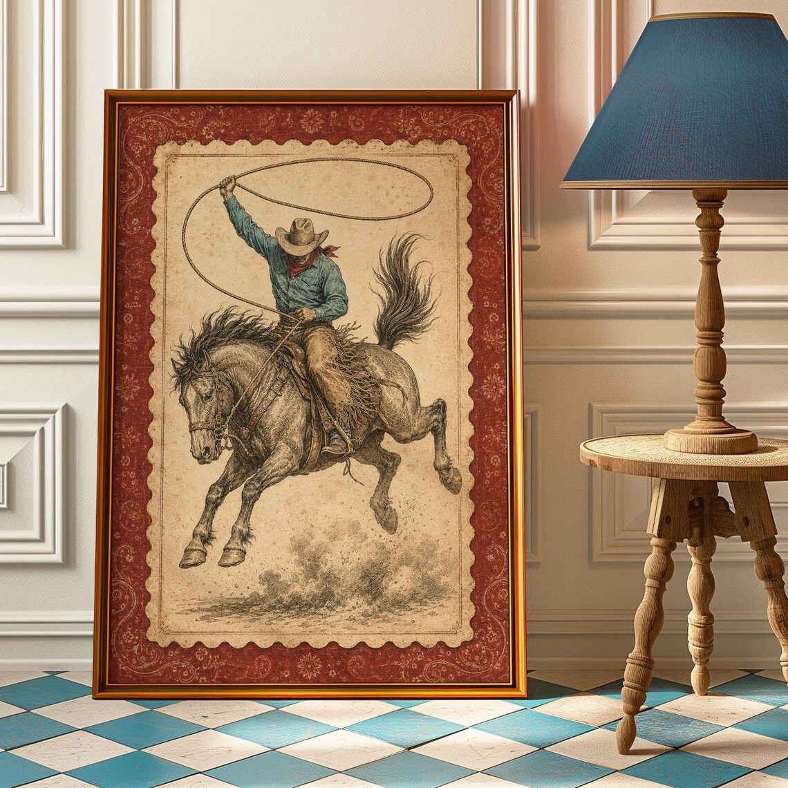 Rodeo Cowboy Lasso Horse Vintage Poster Red Bandana Stamp Western Art