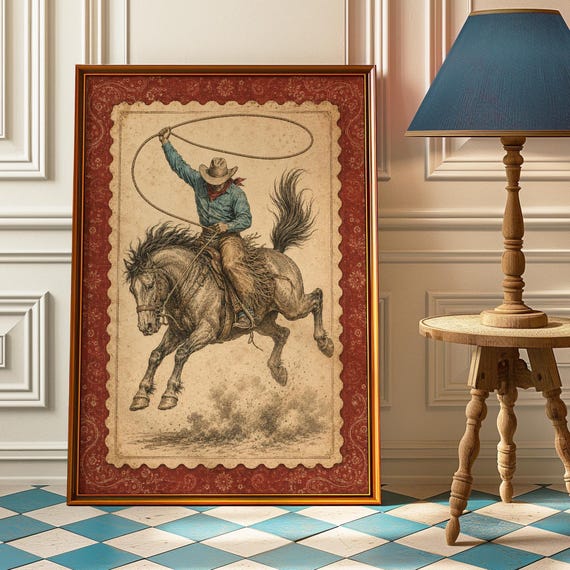 Red Cowboy Stamp Wall Art Vintage Western Poster Southwestern Print Texas Home Decor Country Aesthetic