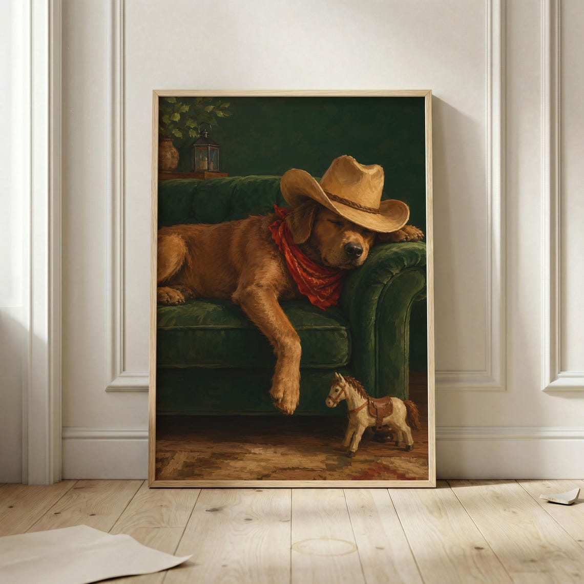 Sleeping Cowboy Dog on Green Couch Funny Pet Portrait Poster