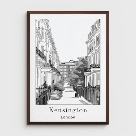 Kensington London Street Line Art Black White City Travel Poster
