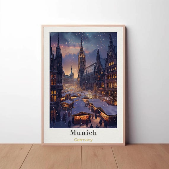 Munich Christmas Market Poster Vintage Germany Travel Art