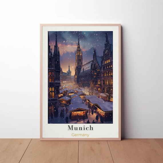 Munich Christmas Market Snowfall Night Lights Holiday Travel Poster