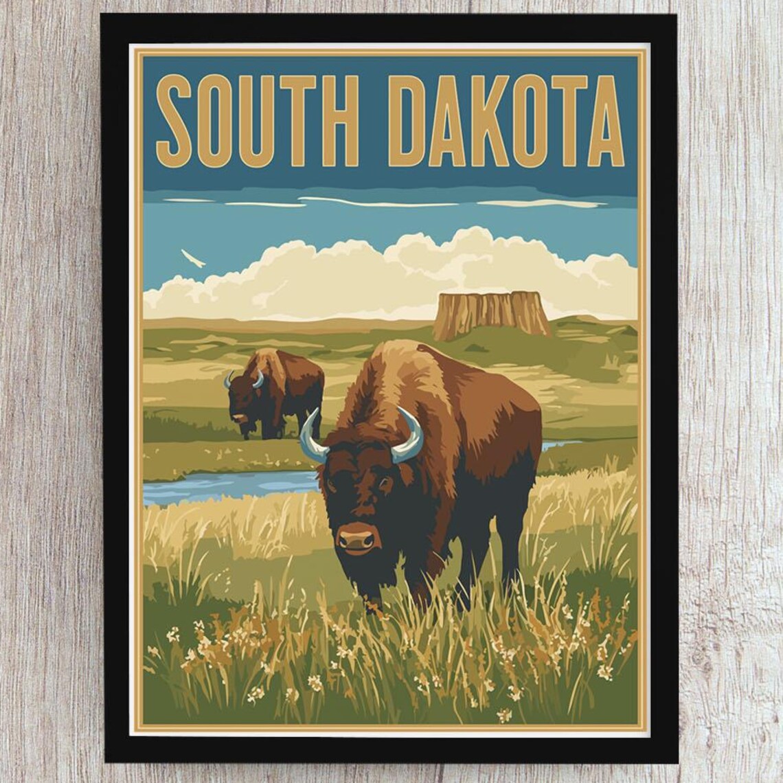 South Dakota Bison Prairie Badlands Wildlife Vintage Travel Poster