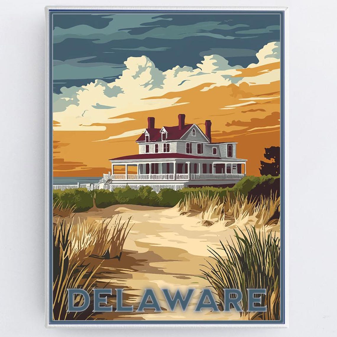 Delaware Beach House Sunset Coastal Dunes Vintage Travel Poster