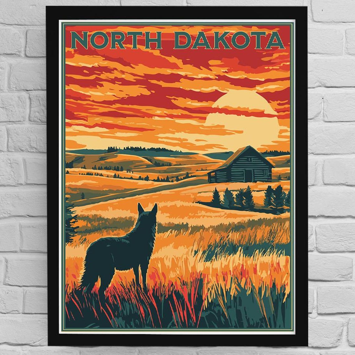 North Dakota Coyote Prairie Sunset Log Cabin Vintage Travel Poster