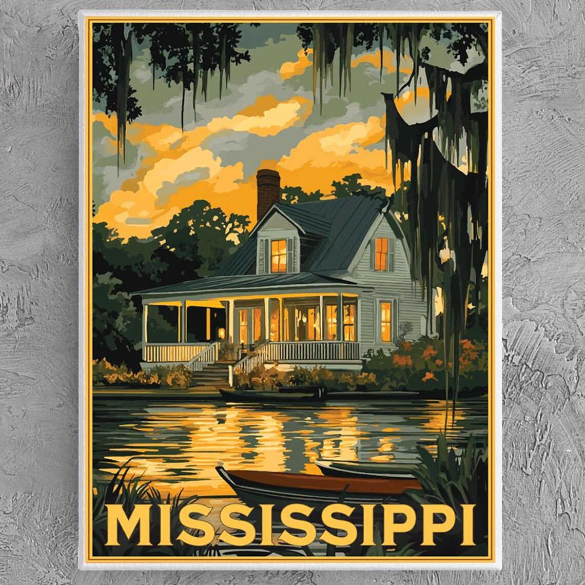 Mississippi Bayou House Sunset Spanish Moss Vintage Travel Poster