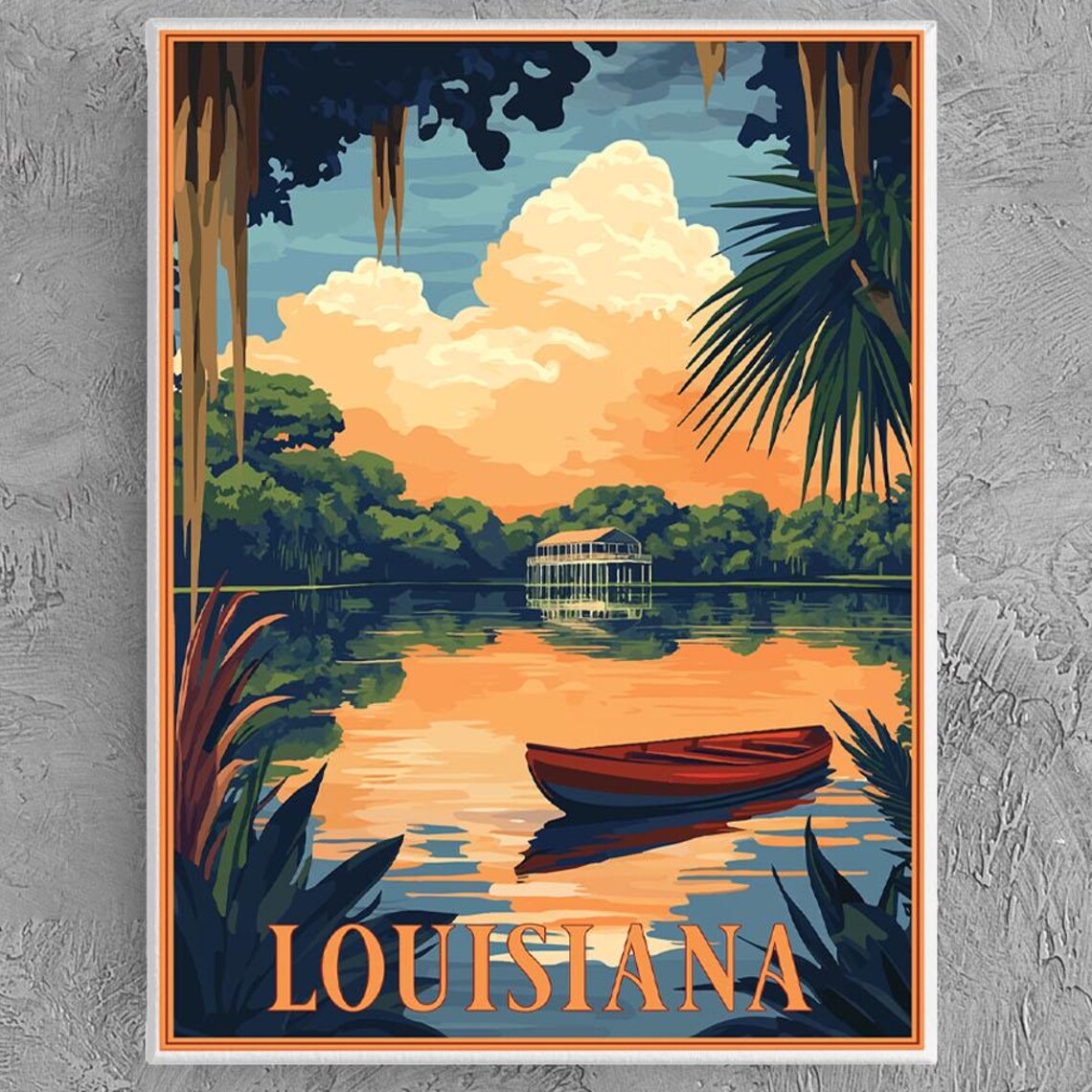 Louisiana Bayou Sunset Cypress Pirogue Boat Vintage Travel Poster