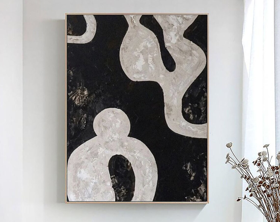 Bold White Organic Shapes on Black Textured Framed Art Poster