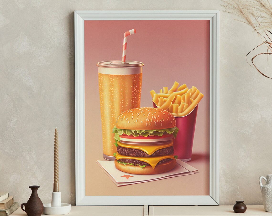 Retro Double Cheeseburger Fries Soda Diner Fast Food Wall Poster