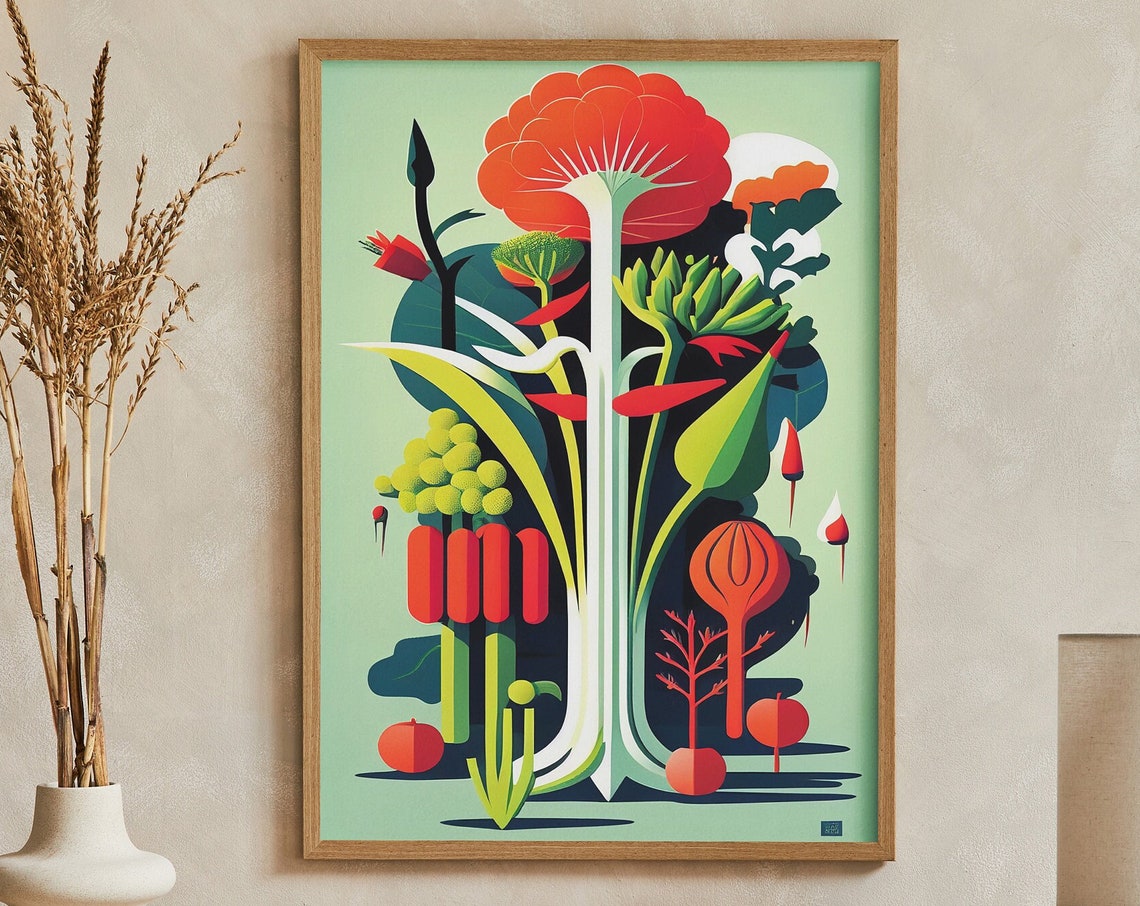 Geometric Stylized Vegetable Tree Mid Century Botanical Art Poster