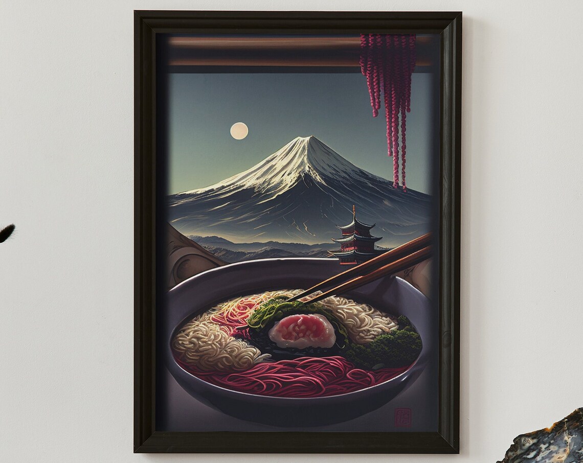 Night Ramen Bowl Mount Fuji Moon Pagoda Moody Japan Art Poster
