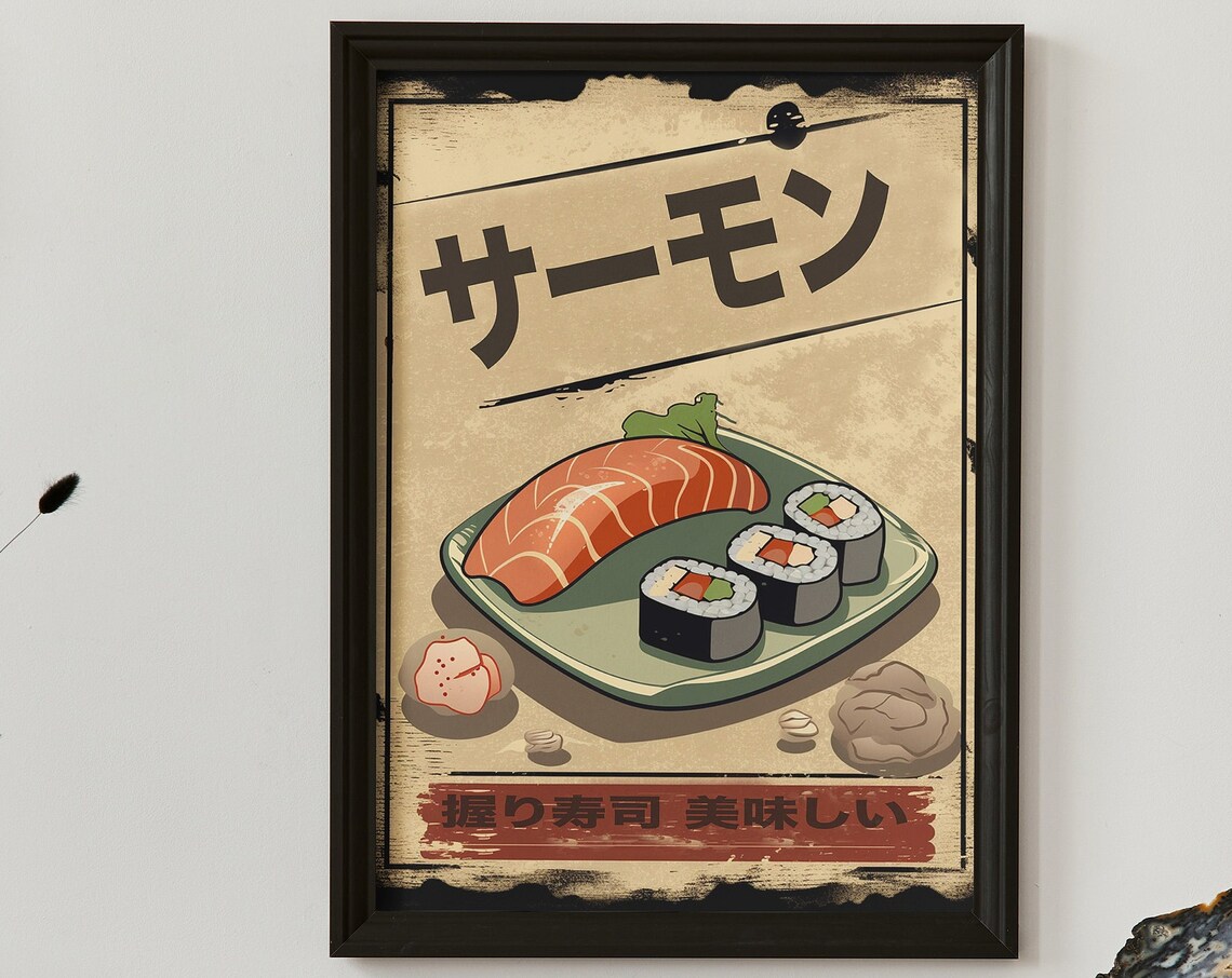 Vintage Japanese Salmon Sushi Nigiri Retro Kitchen Food Poster