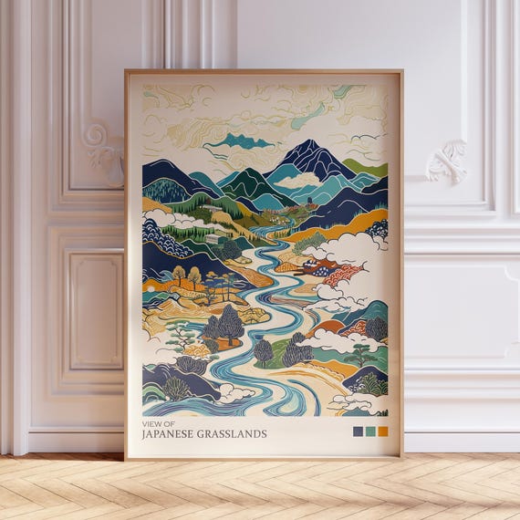 Japanese Grasslands Japandi Woodblock Art Print