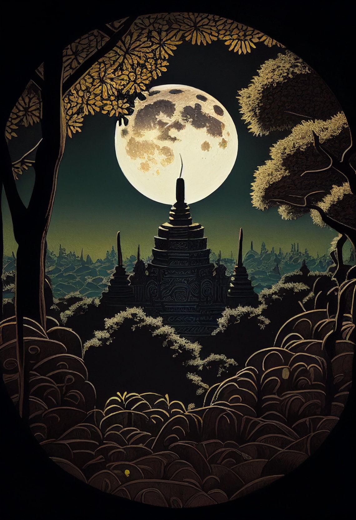 Borobudur Stupa and Giant Golden Moon Art Deco Jungle Poster - Image 2