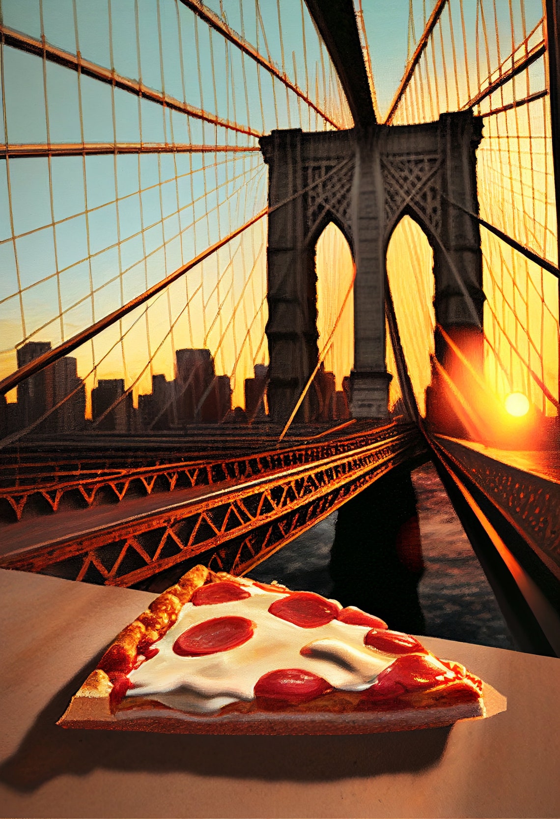 Sunset Pizza Slice on Brooklyn Bridge Walkway Evening Poster - Image 2