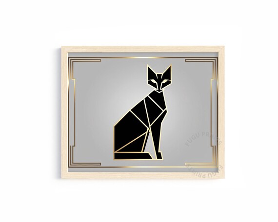 Art Deco Geometric Sitting Black Cat with Gold Outlines on Gray Poster