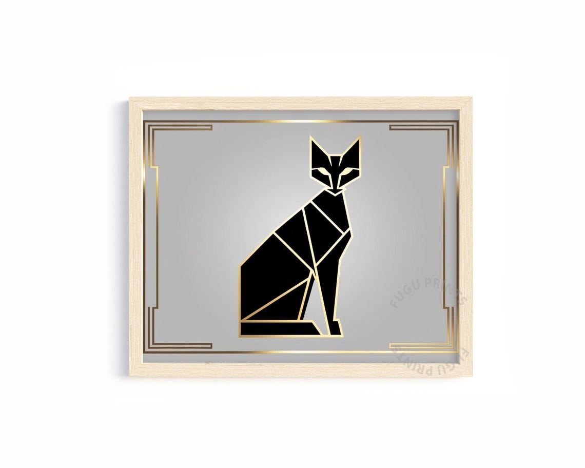 Art Deco Cat Print Geometric Black Gold Feline Wall Art Minimalist Cat Lover Gift 365