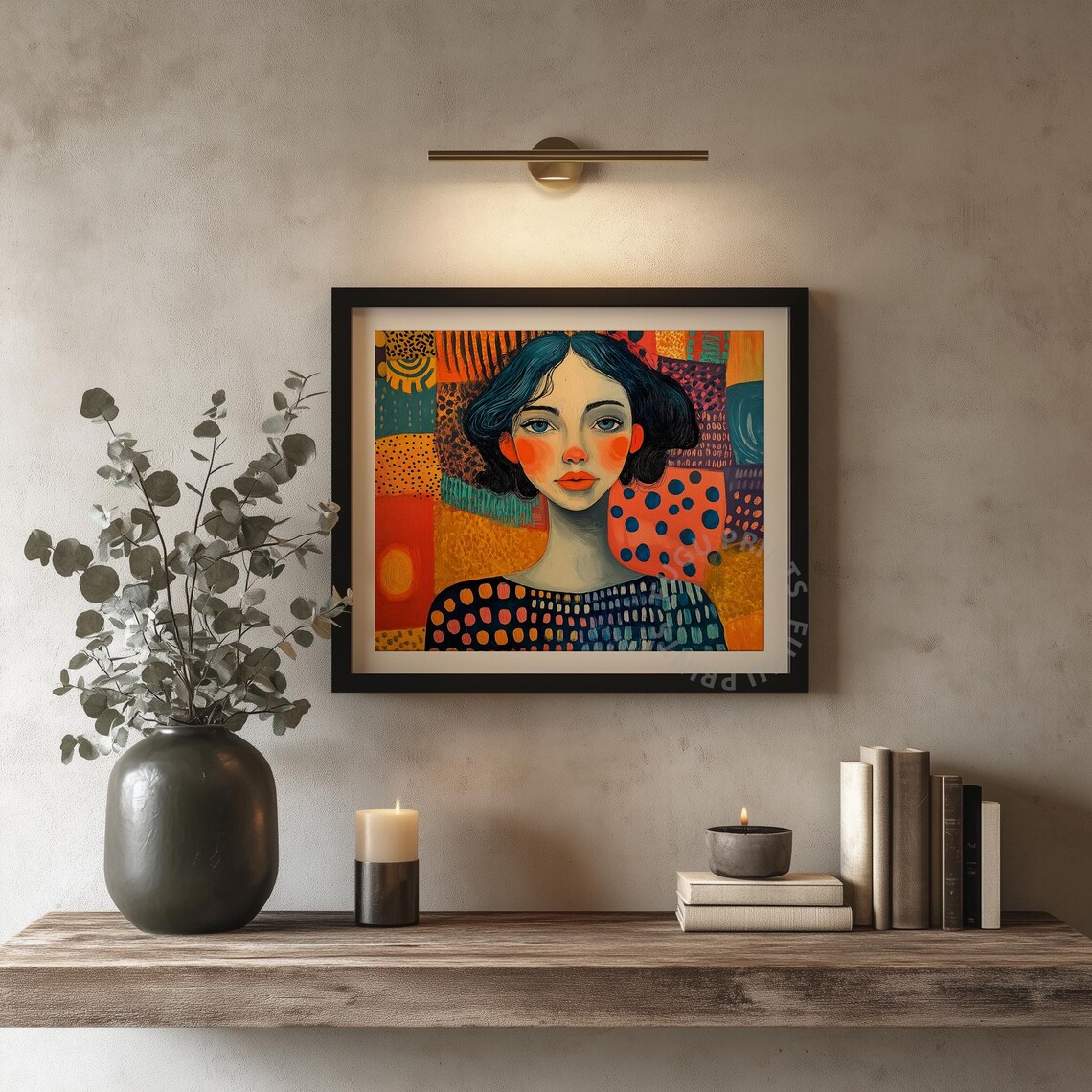 Colorful Patchwork Woman Portrait with Dark Hair Boho Decor Wall Art - Image 4