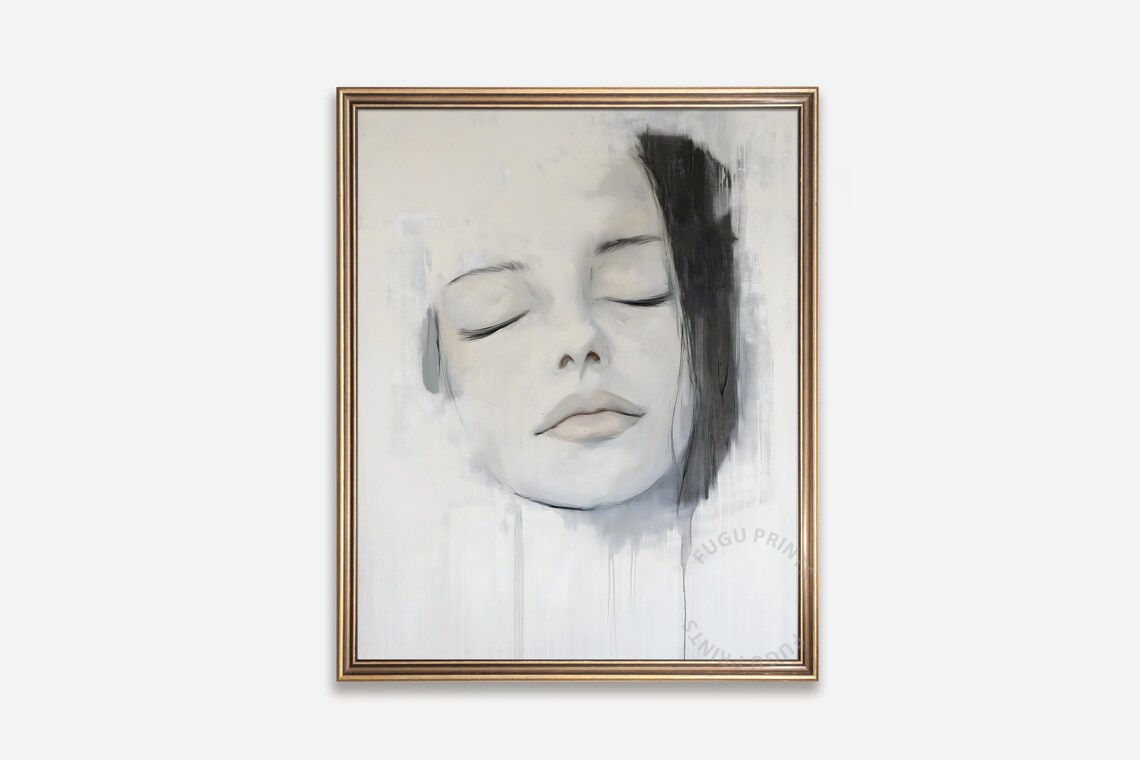 Minimalist Black White Woman Portrait Eyes Closed Serene Wall Art