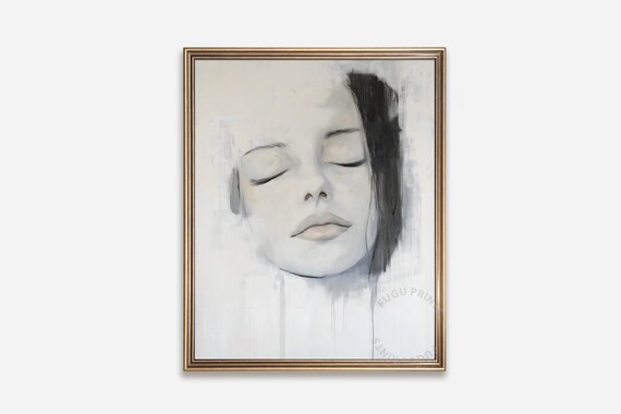 Minimalist Black White Woman Portrait Eyes Closed Serene Wall Art