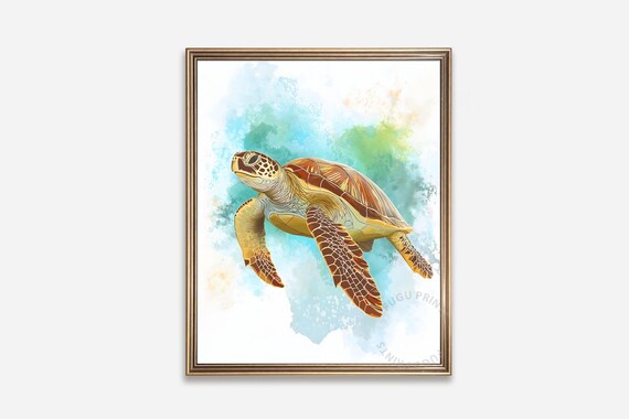 Sea Turtle Watercolor Coastal Marine Life Ocean Decor Poster
