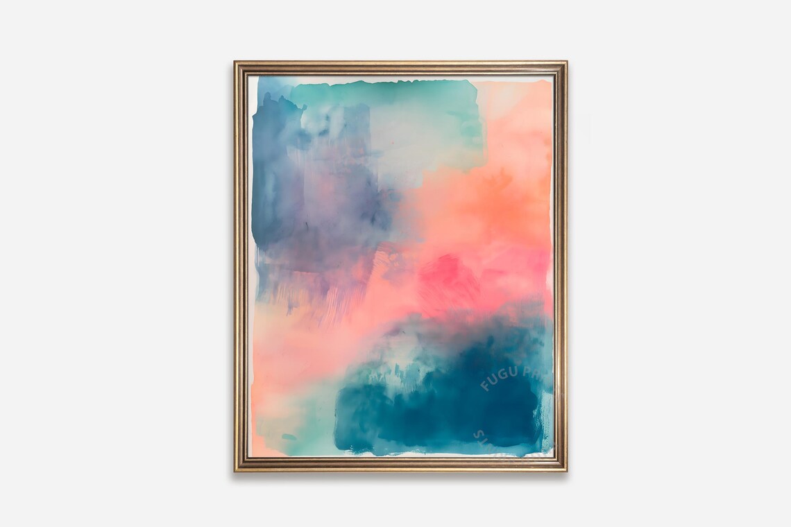 Abstract Watercolor Art, Teal Pink Coral