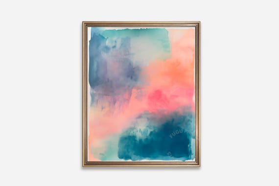 Abstract Watercolor Art, Teal Pink Coral