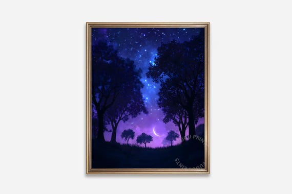 Moonlight Forest Art Print, Starry Night Nature Decor