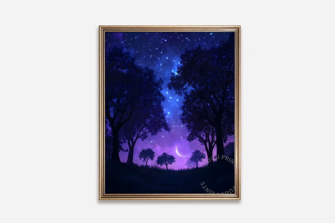 Moonlight Forest Art Print, Starry Night Nature Decor
