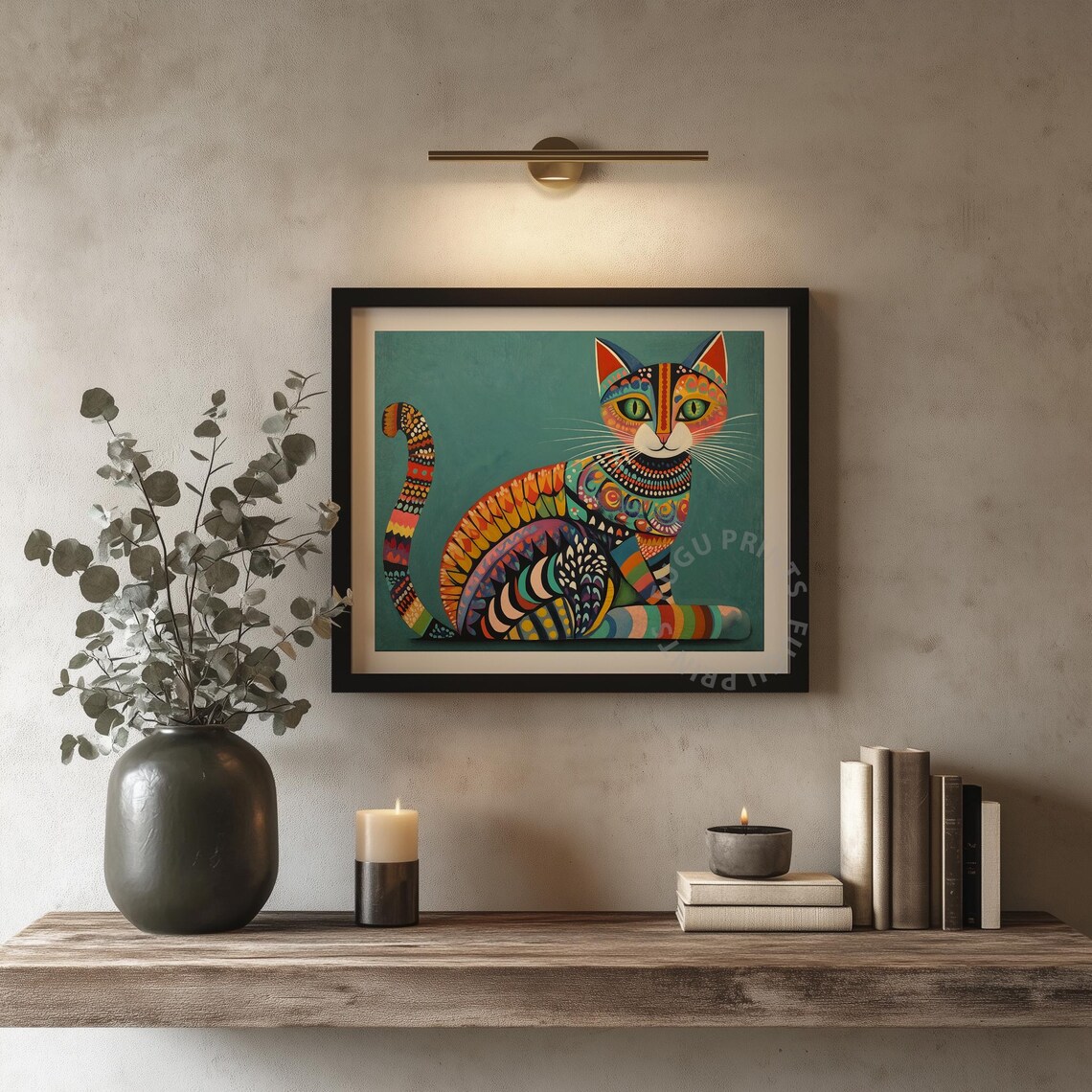 Colorful Folk Art Cat Teal Background Whimsical Cat Art Poster - Image 4
