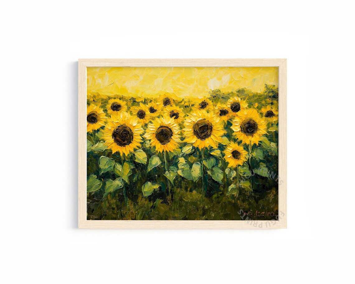 Sunflower Field Art, Impasto Texture Farmhouse Decor