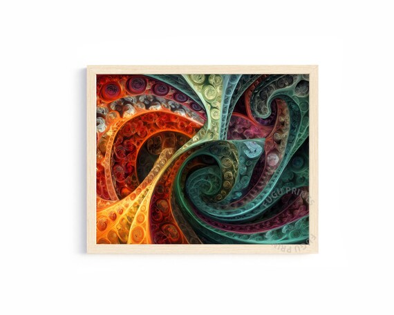 Abstract Swirls Fractal Art Teal Orange Wall Art Modern Home Decor 90