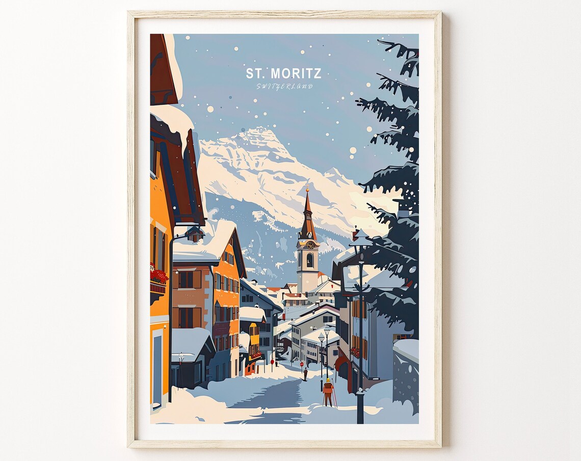St Moritz Switzerland Snowy Village Alps Winter Travel Poster