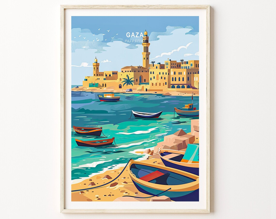 Gaza Palestine Harbor Boats Minarets Coastal Old Town Travel Poster