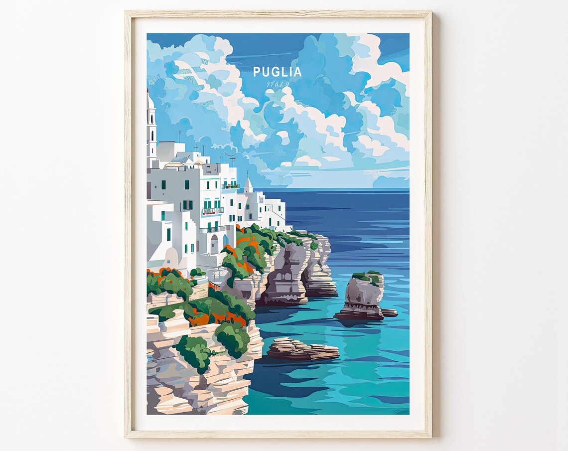 Puglia Italy White Limestone Cliffs Cliffside Town Sea View Poster