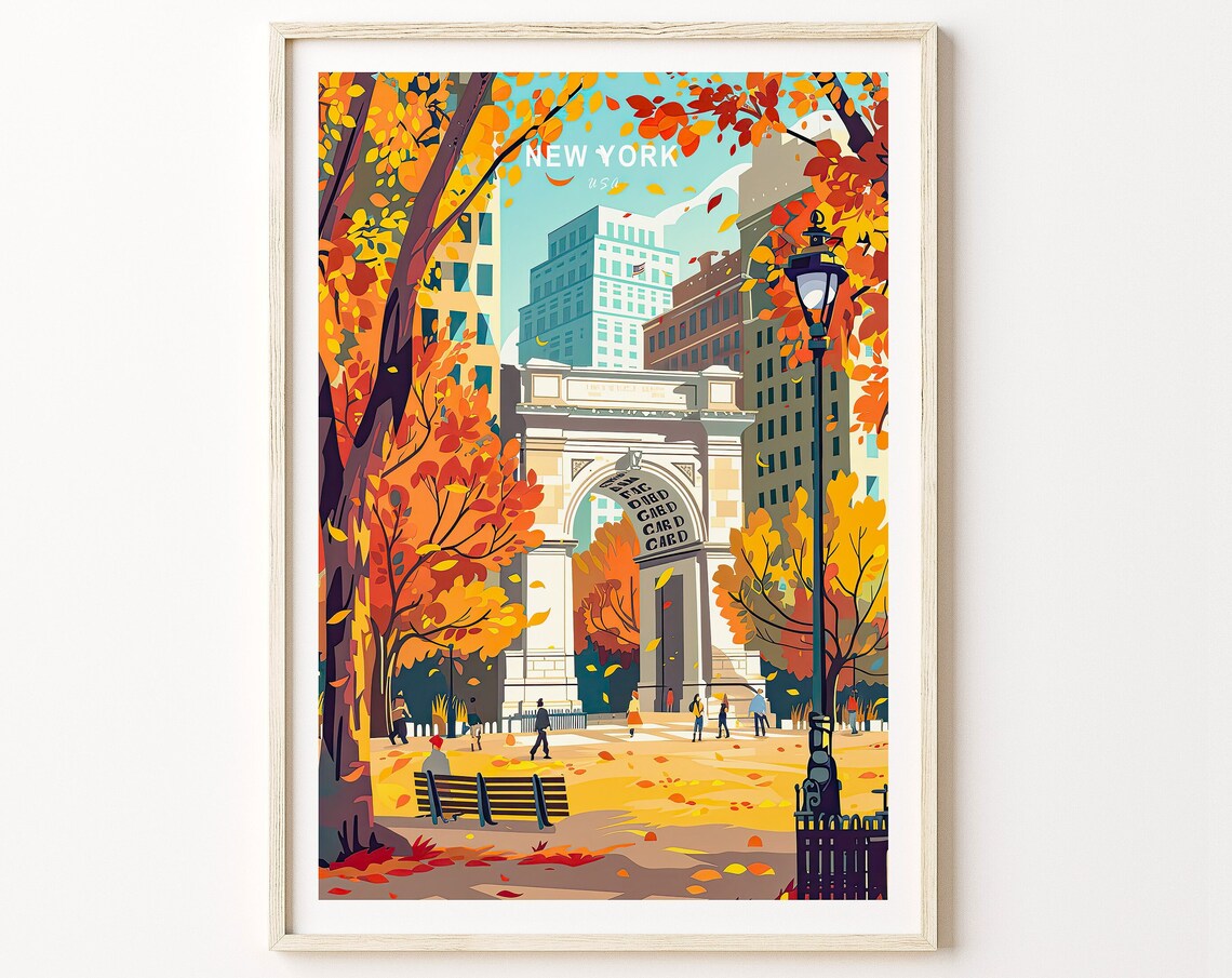 New York Autumn Washington Square Park Marble Arch Travel Poster