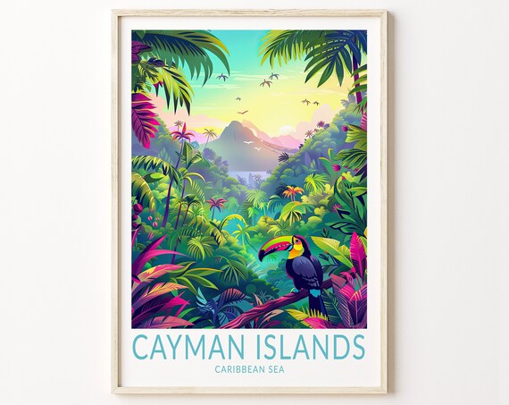 Cayman Islands Tropical Toucan Jungle Sunset Caribbean Sea Travel Poster
