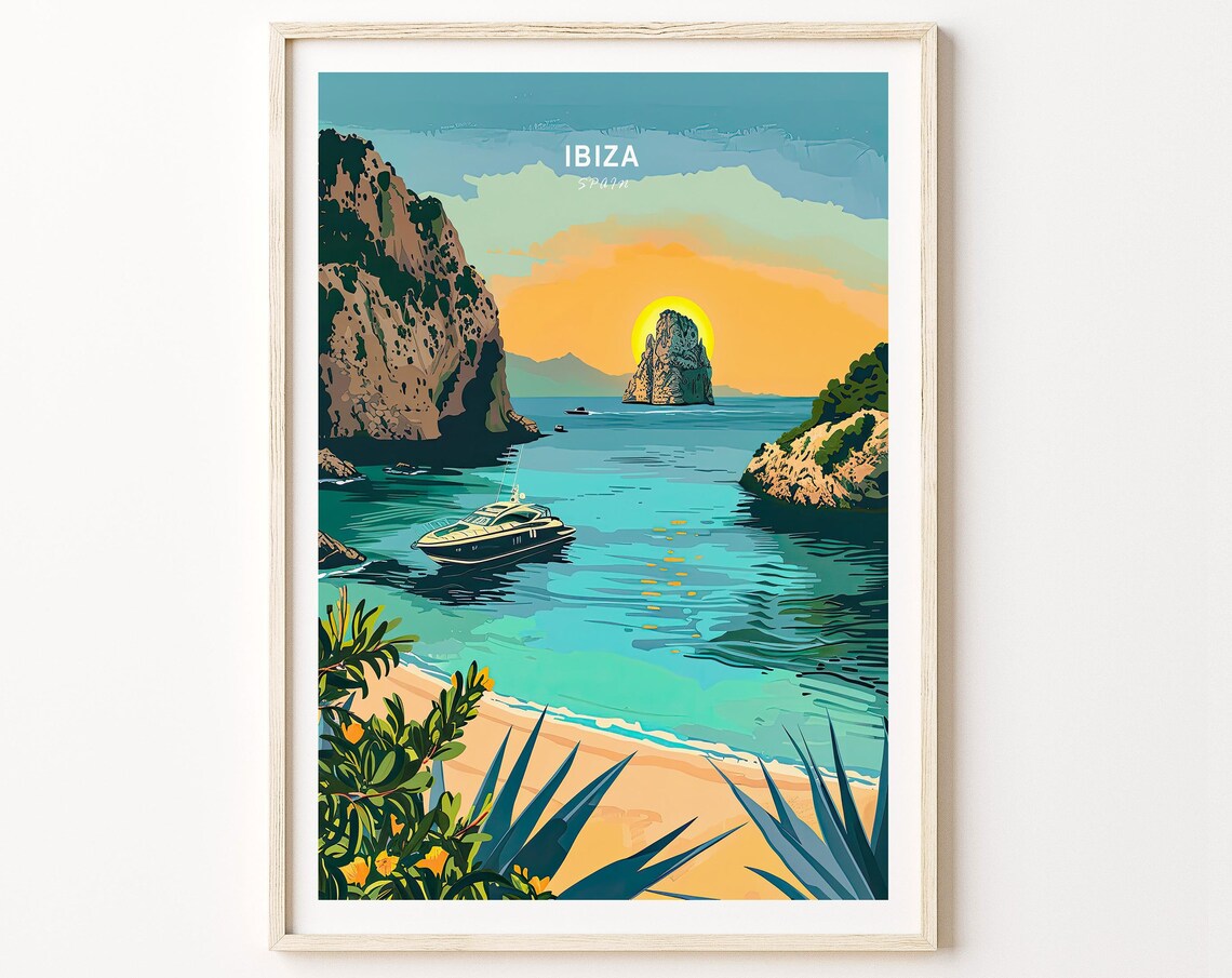 Ibiza Spain Sunset Cliffs Yacht Cove Balearic Islands Travel Poster