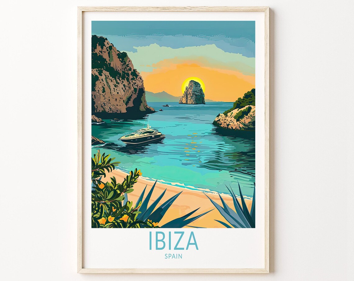 Ibiza Spain Golden Sunset Over a Turquoise Bay With a Yacht Poster