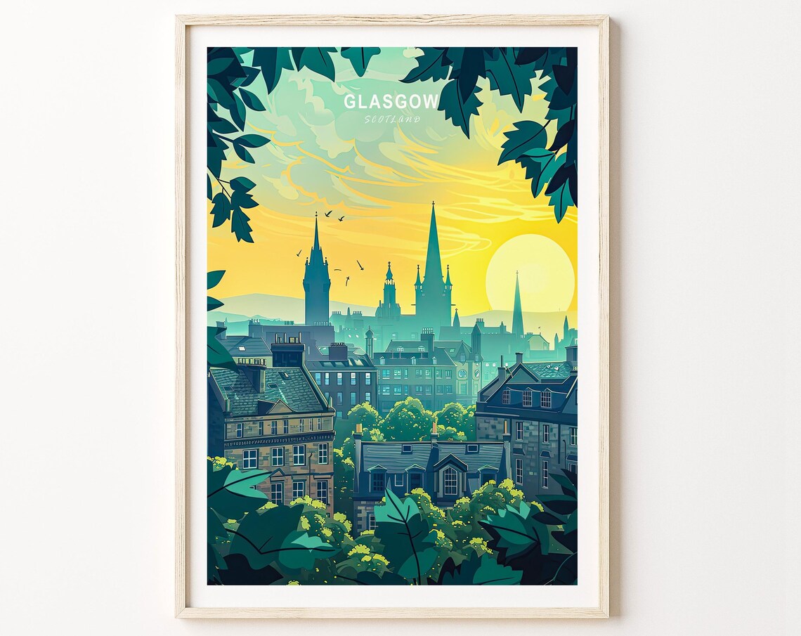 Glasgow Scotland City Skyline at Golden Sunset Through Leaves Poster