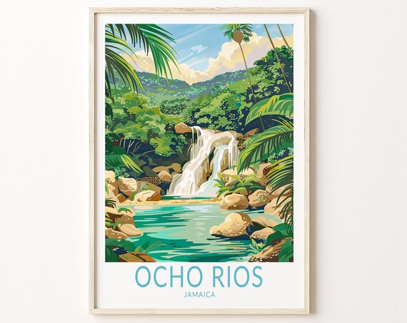 Ocho Rios Jamaica Waterfall Jungle Paradise Retro Travel Poster