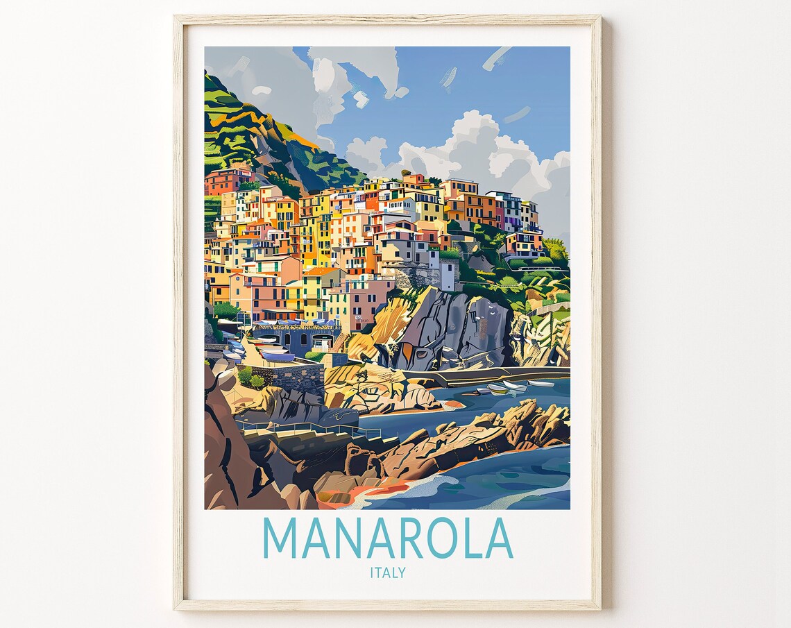 Manarola Italy Cliffside Village Colorful Coast Travel Poster