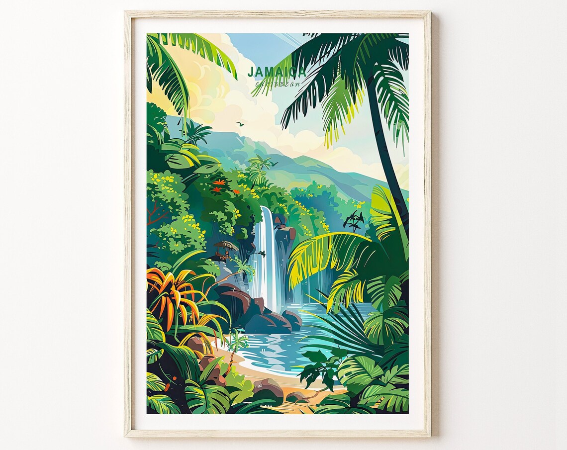 Jamaica Caribbean Hidden Waterfall Lush Tropical Jungle Lagoon Travel Poster