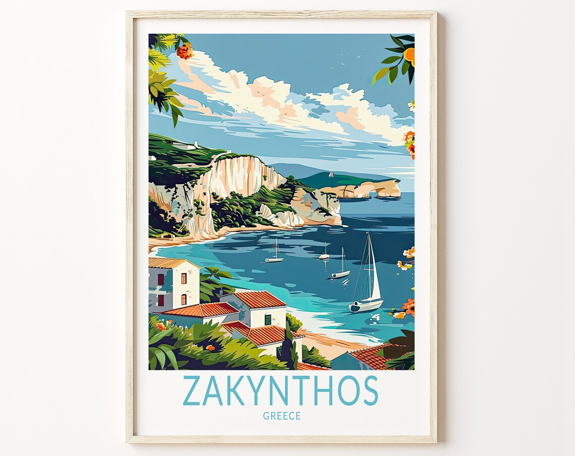 Zakynthos Greece White Cliffs Houses and Sailing Boats Coast Poster