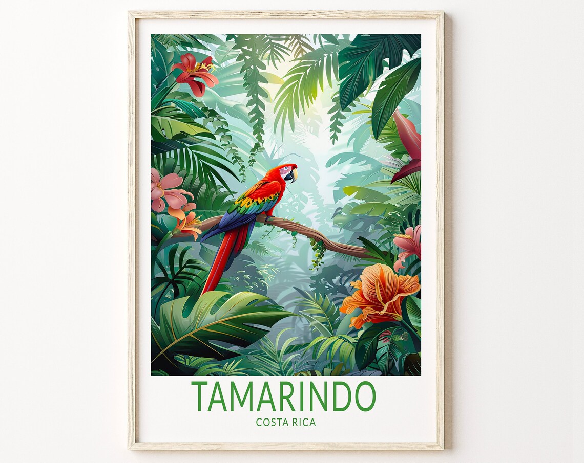 Tamarindo Costa Rica Scarlet Macaw Lush Rainforest Travel Poster
