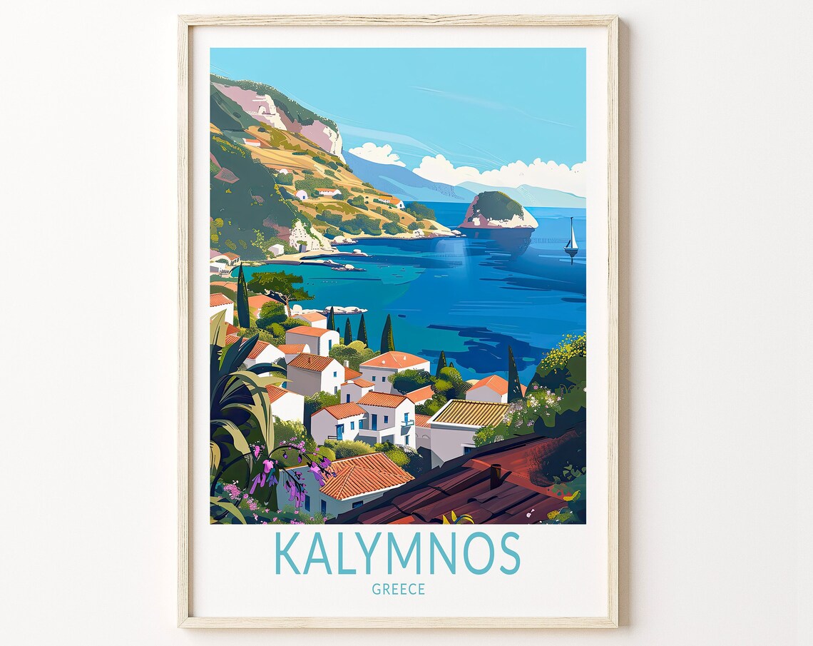 Kalymnos Greece White Village Aegean Blue Coast Travel Poster