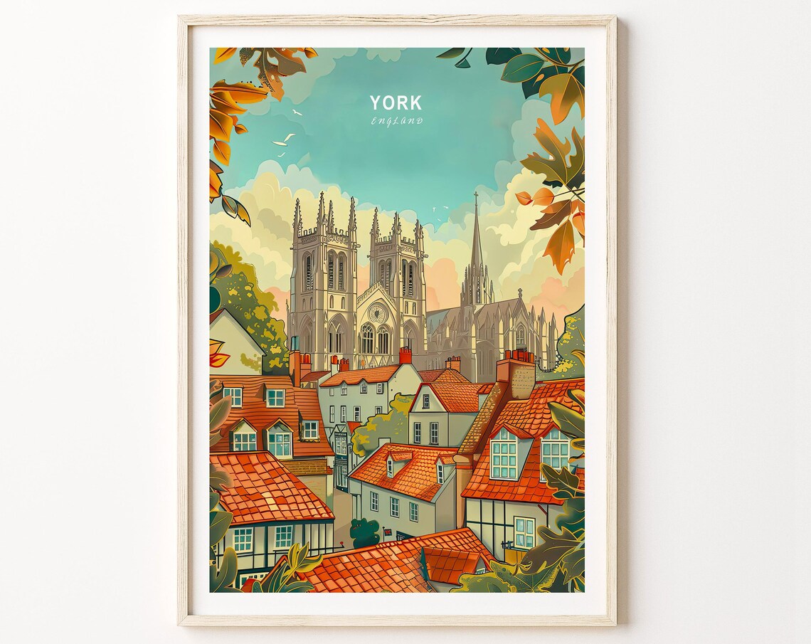 York England York Minster Cathedral Autumn Rooftops Travel Poster